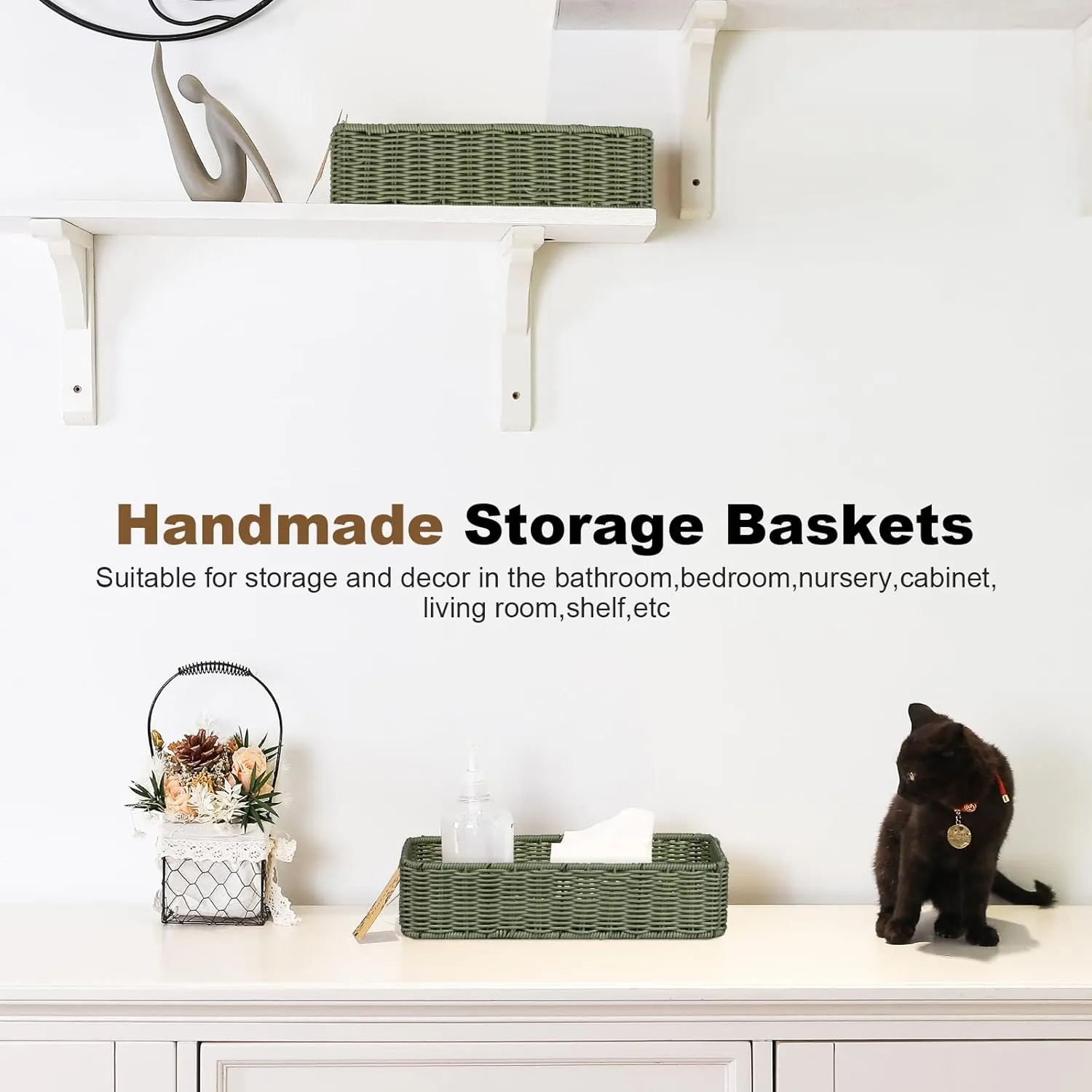 Small Resin Wicker Basket: Waterproof Sage Green Vanity Organizer 2-Pack for Modern Minimalist Decor