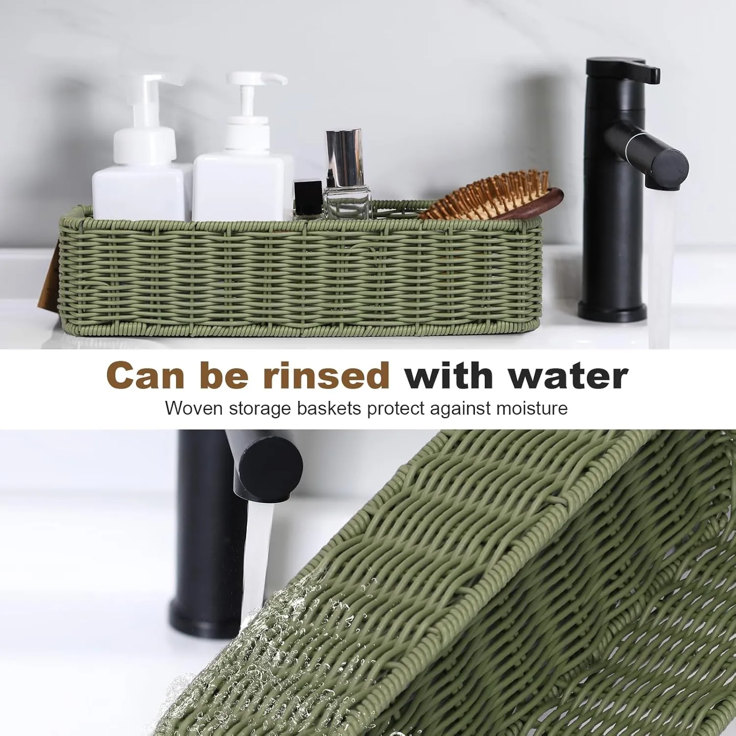 Small Resin Wicker Basket: Waterproof Sage Green Vanity Organizer 2-Pack for Modern Minimalist Decor