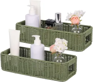 Small Resin Wicker Basket: Waterproof Sage Green Vanity Organizer 2-Pack for Modern Minimalist Decor