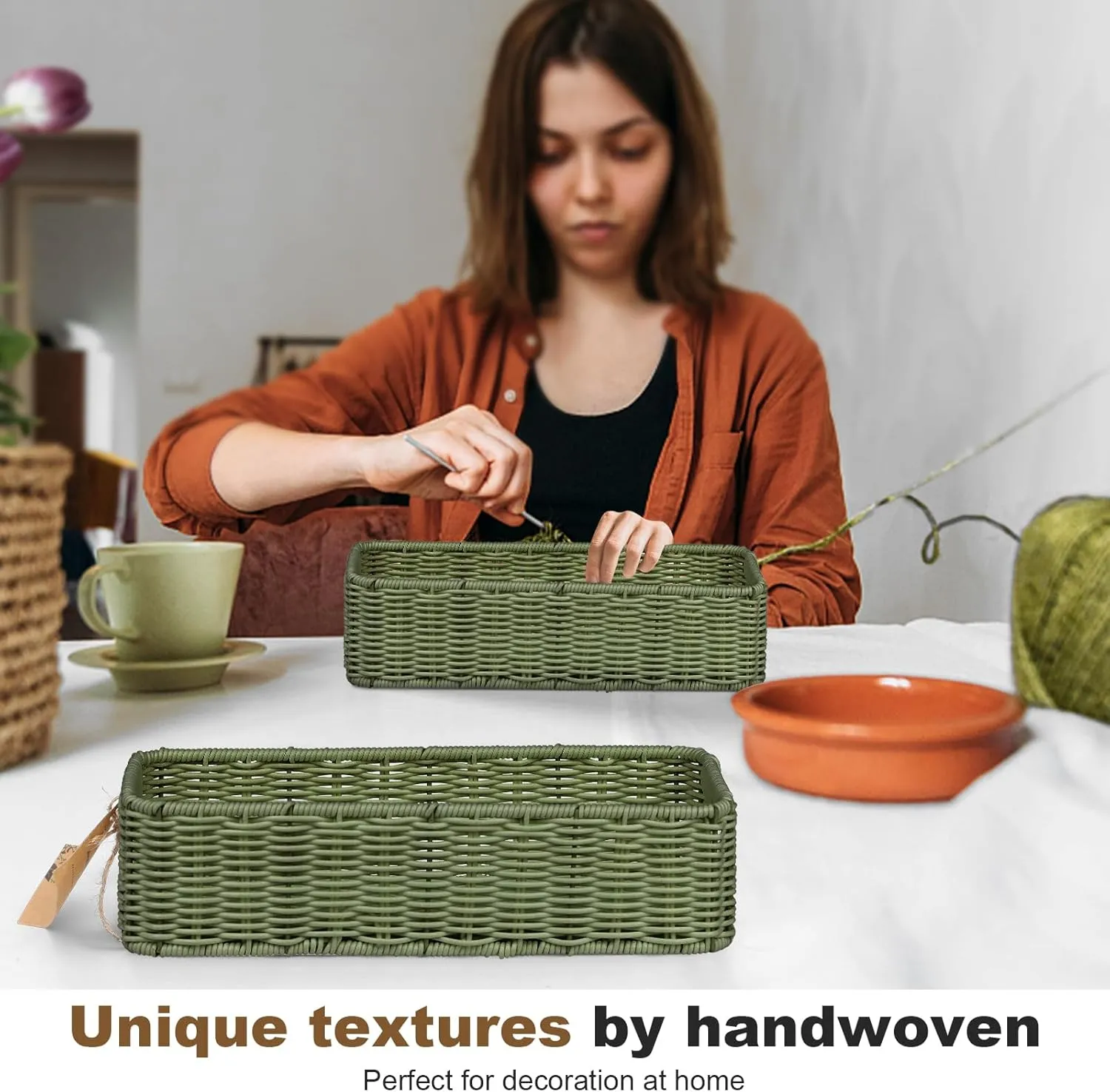 Small Resin Wicker Basket: Waterproof Sage Green Vanity Organizer 2-Pack for Modern Minimalist Decor