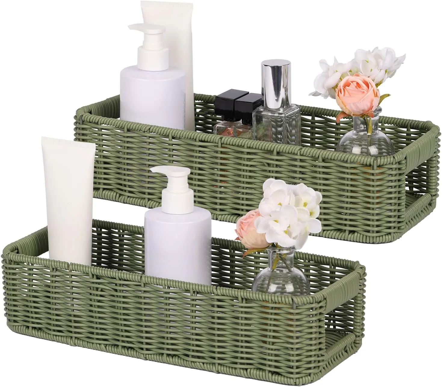 Small Resin Wicker Basket: Waterproof Sage Green Vanity Organizer 2-Pack for Modern Minimalist Decor