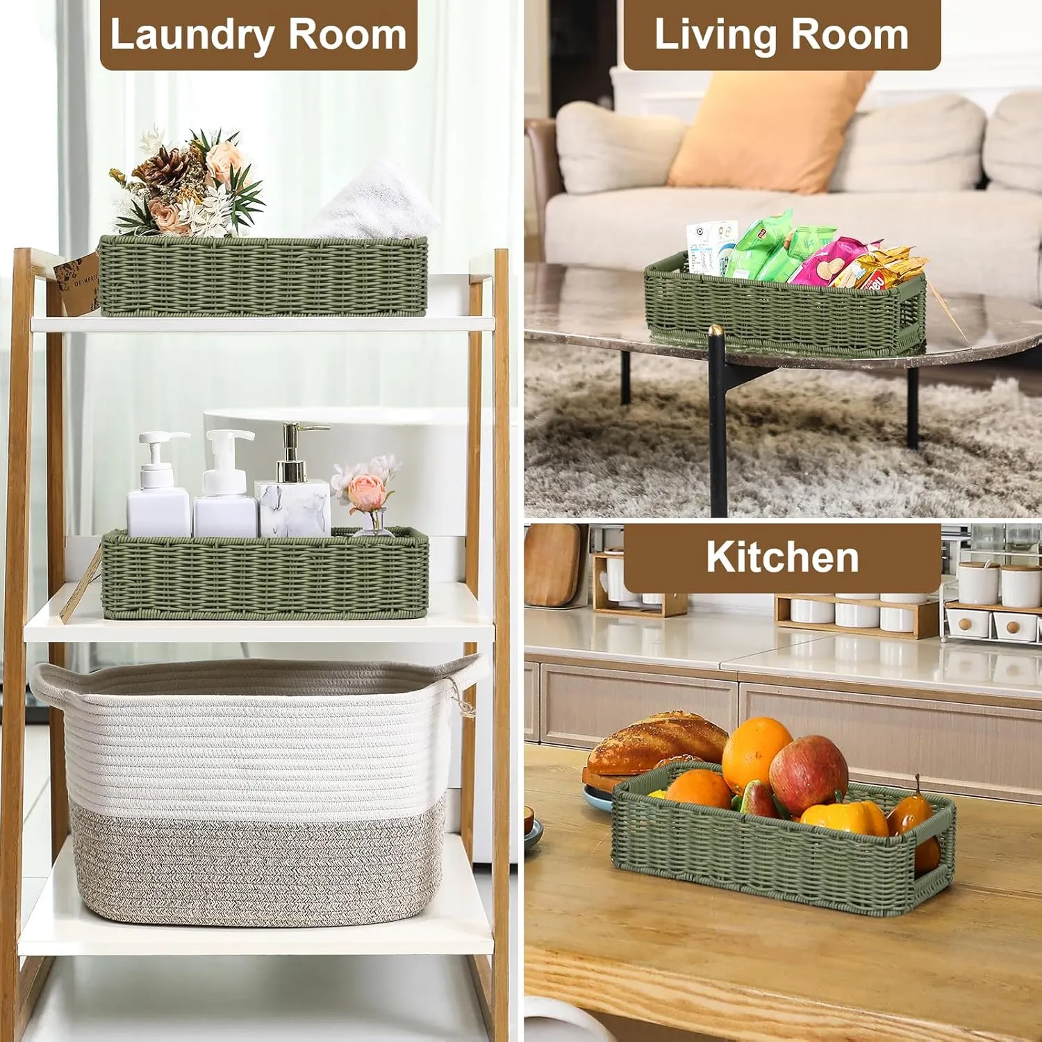 Small Resin Wicker Basket: Waterproof Sage Green Vanity Organizer 2-Pack for Modern Minimalist Decor