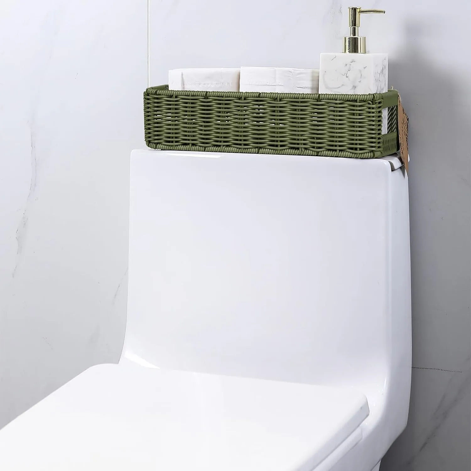 Small Resin Wicker Basket: Waterproof Sage Green Vanity Organizer 2-Pack for Modern Minimalist Decor