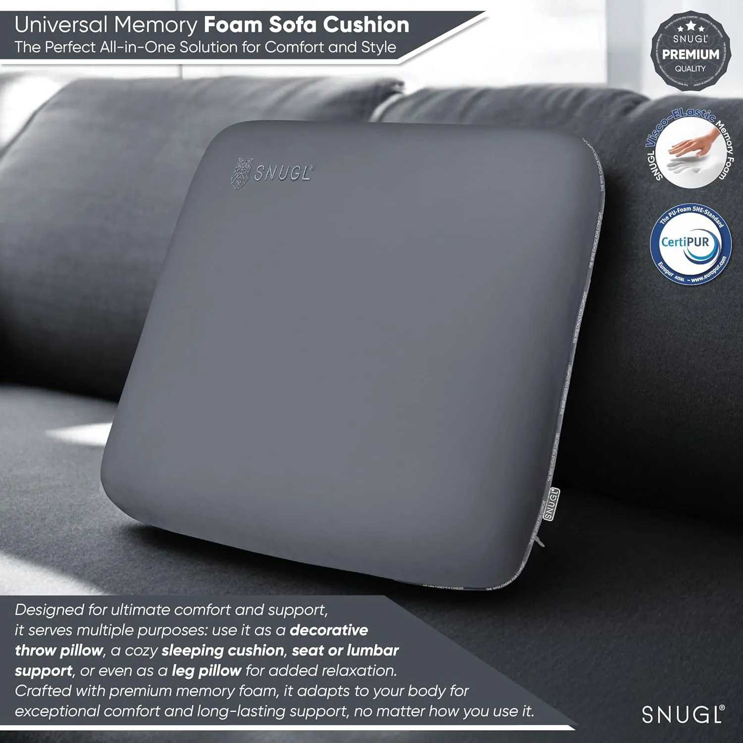 SNUGL Memory Foam Sofa Cushion with Shape Retention – Hypoallergenic Velvet, Supportive Visco-Elastic Foam, Removable & Washable Cover, Perfect for Home Decor and Sofa Furniture (Light Grey)