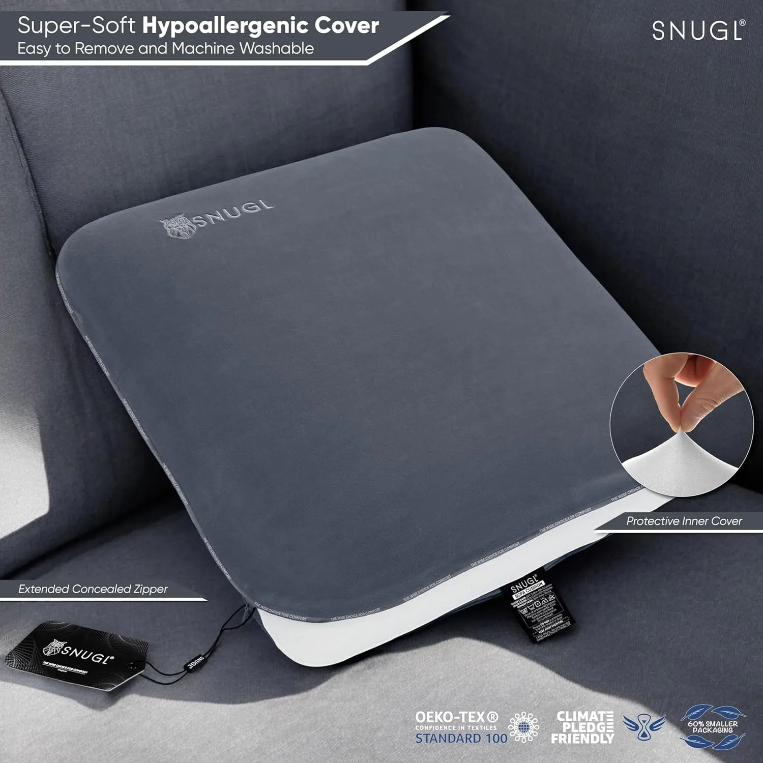 SNUGL Memory Foam Sofa Cushion with Shape Retention – Hypoallergenic Velvet, Supportive Visco-Elastic Foam, Removable & Washable Cover, Perfect for Home Decor and Sofa Furniture (Light Grey)