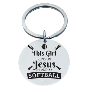 Softball Keychain - This Girl Runs on Jesus and Softball