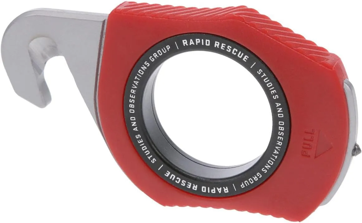 SOG Rapid Rescue Multi-Tool | Stainless Steel Seatbelt Cutter, GRN Handle, Aluminum Pull-Ring, Quick to Deploy from The Sheath