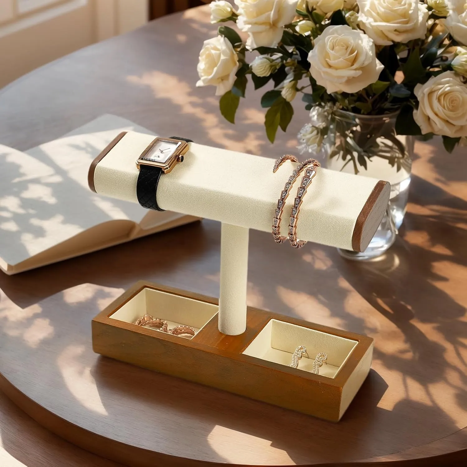 Solid Wood Watch Display Stand T-bar Watch Holder Organizer Stand For Men And Women (Cream White)