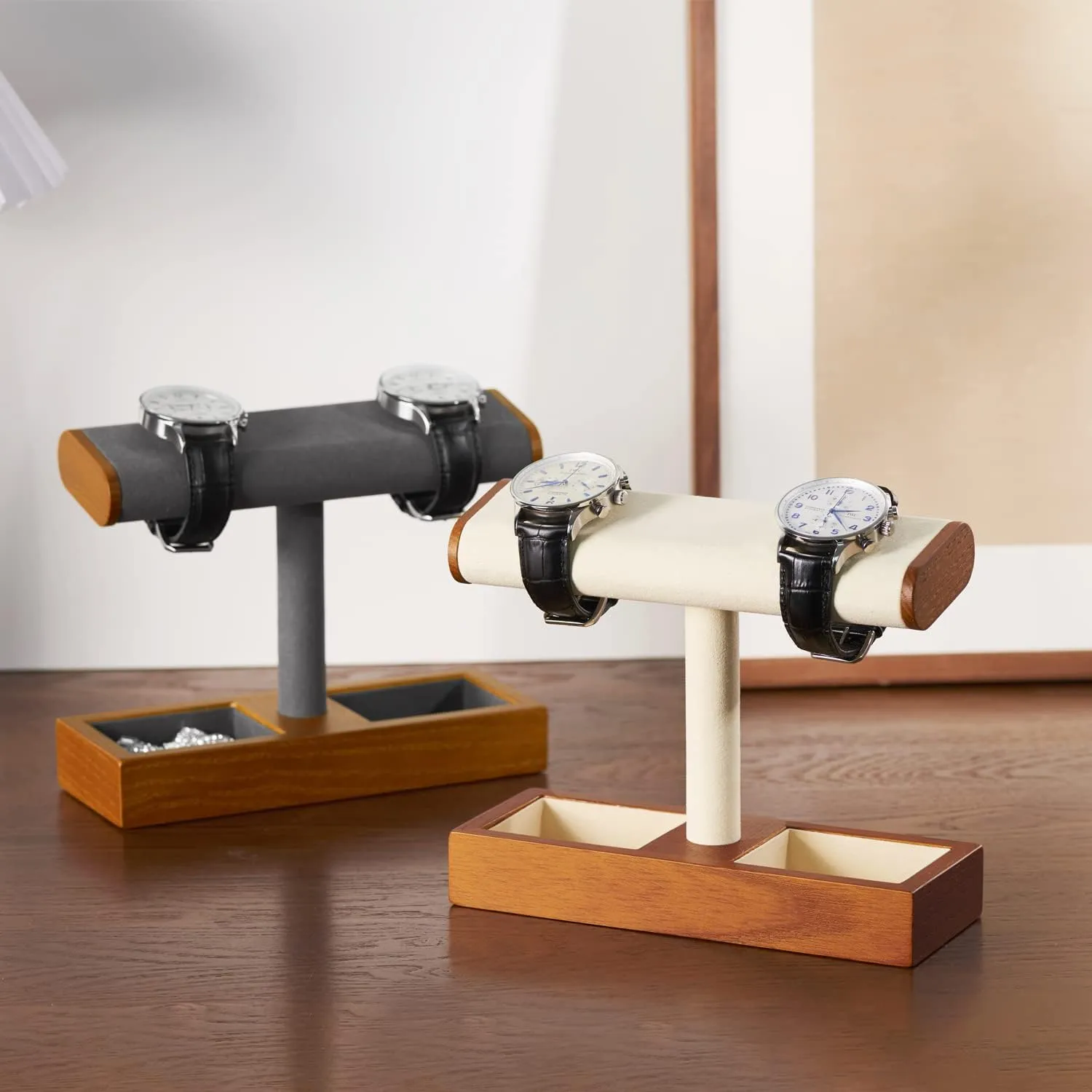 Solid Wood Watch Display Stand T-bar Watch Holder Organizer Stand For Men And Women (Cream White)