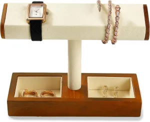 Solid Wood Watch Display Stand T-bar Watch Holder Organizer Stand For Men And Women (Cream White)