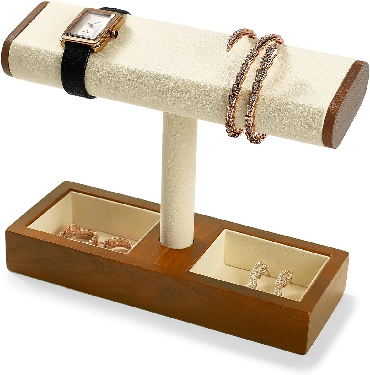 Solid Wood Watch Display Stand T-bar Watch Holder Organizer Stand For Men And Women (Cream White)