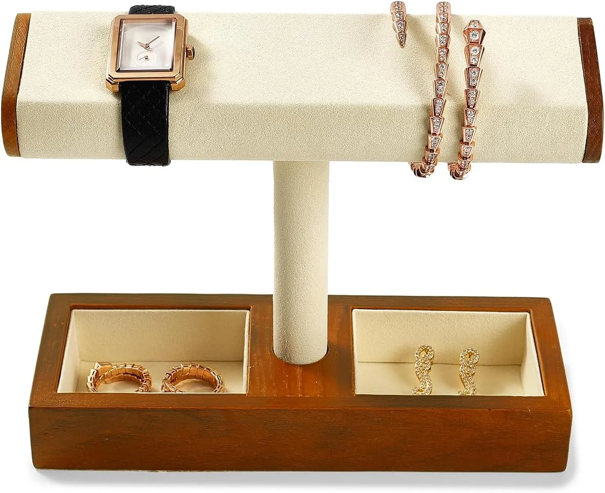 Solid Wood Watch Display Stand T-bar Watch Holder Organizer Stand For Men And Women (Cream White)