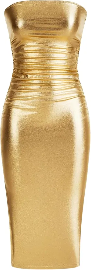 SOLY HUX Sexy Faux Leather Dress for Women Bodycon Strapless Party Club Midi Long Tube Dresses