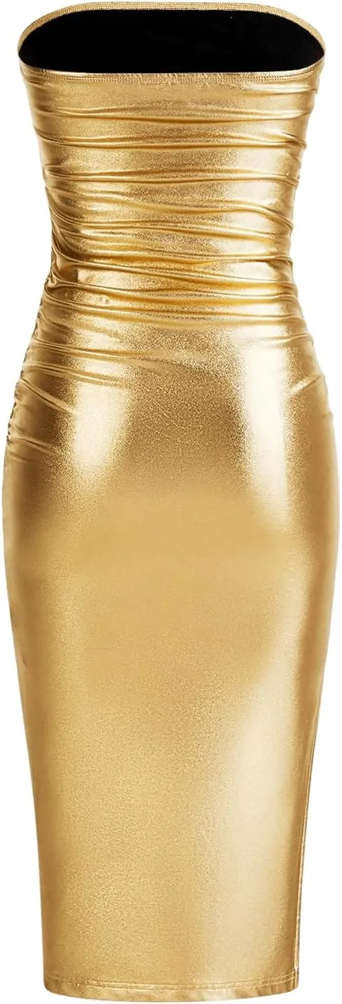 SOLY HUX Sexy Faux Leather Dress for Women Bodycon Strapless Party Club Midi Long Tube Dresses