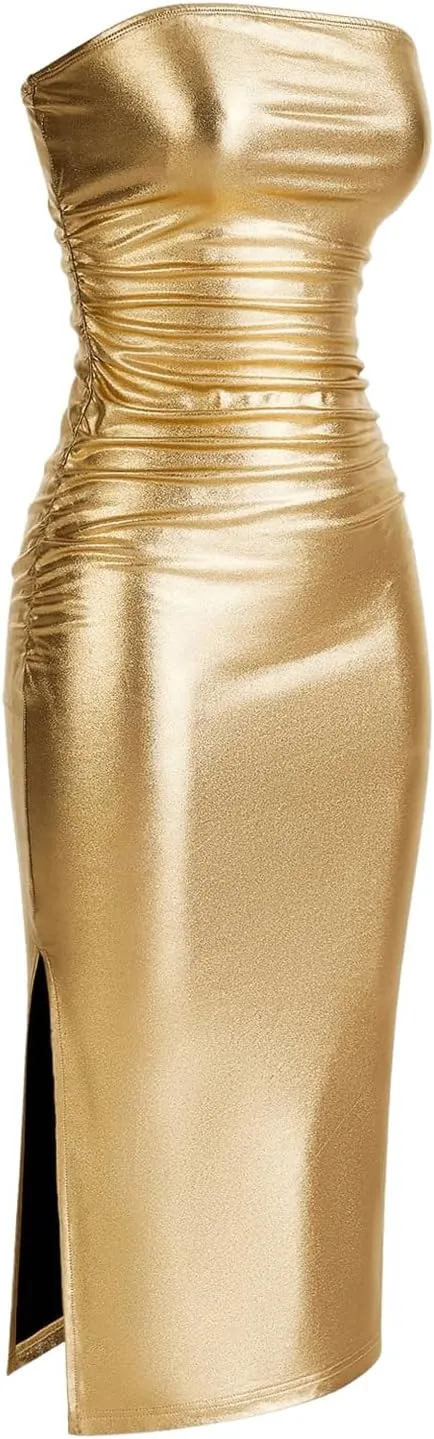 SOLY HUX Sexy Faux Leather Dress for Women Bodycon Strapless Party Club Midi Long Tube Dresses