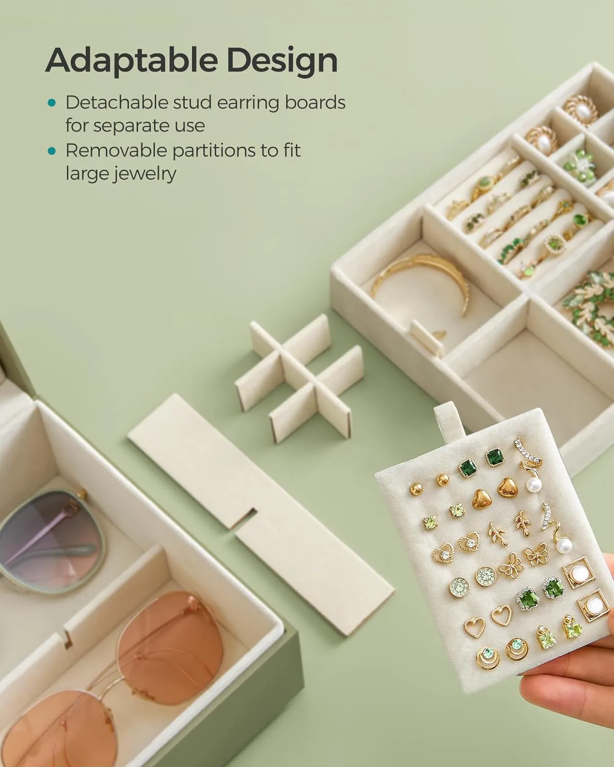SONGMICS 2-Layer Jewelry Box, Jewelry Organizer with Handle, Removable Jewelry Tray, Jewelry Storage, Floating Effect, 8.1 x 9.4 x 4.3 Inches, Gift Idea, Laurel Green UJBC165C02