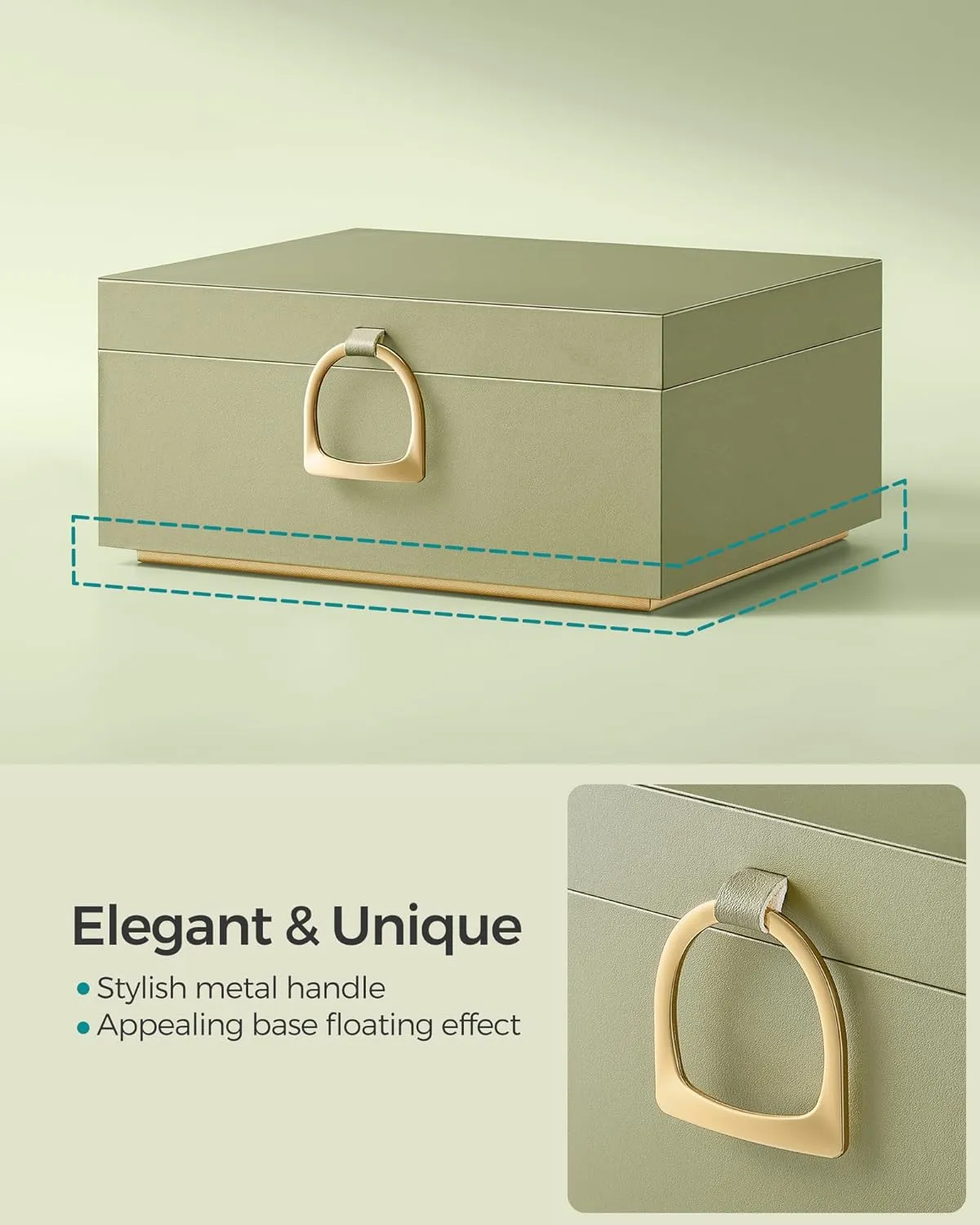SONGMICS 2-Layer Jewelry Box, Jewelry Organizer with Handle, Removable Jewelry Tray, Jewelry Storage, Floating Effect, 8.1 x 9.4 x 4.3 Inches, Gift Idea, Laurel Green UJBC165C02