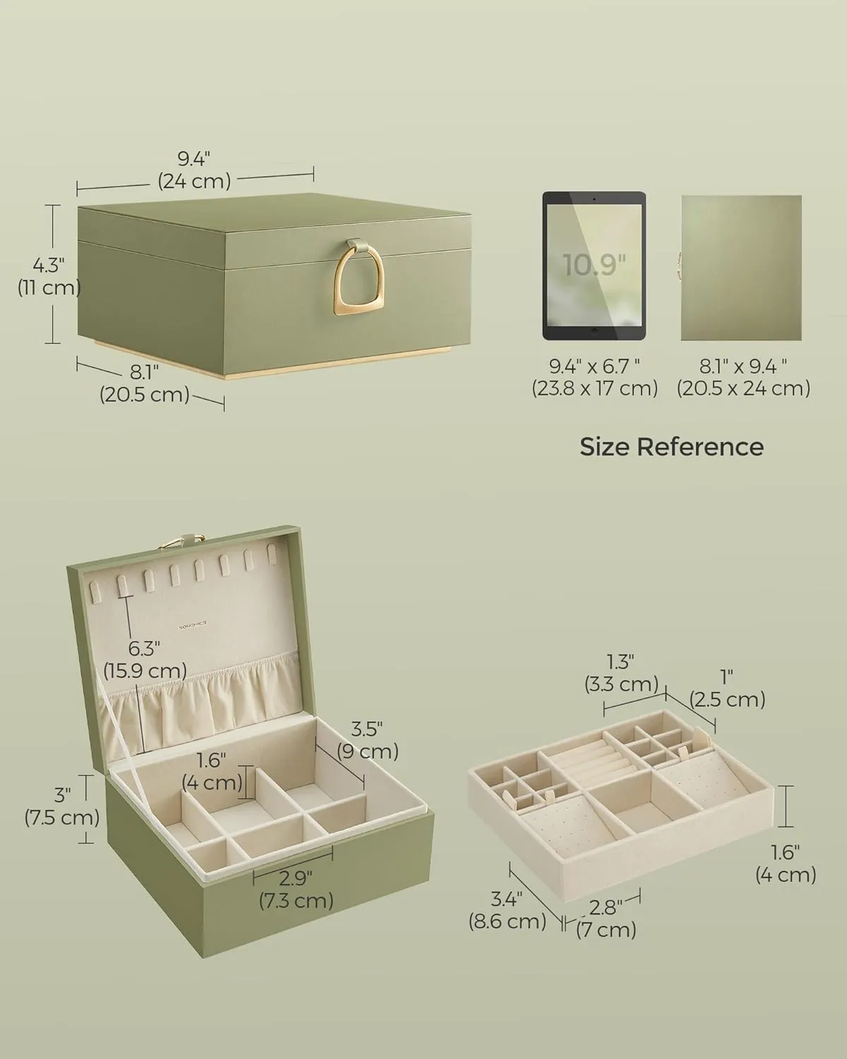 SONGMICS 2-Layer Jewelry Box, Jewelry Organizer with Handle, Removable Jewelry Tray, Jewelry Storage, Floating Effect, 8.1 x 9.4 x 4.3 Inches, Gift Idea, Laurel Green UJBC165C02