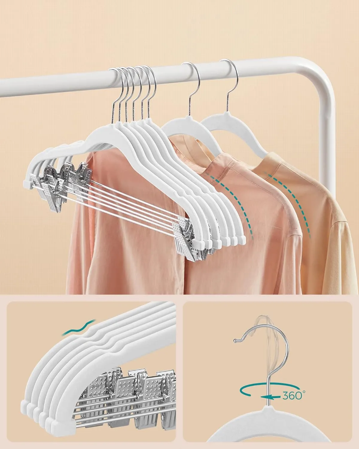 SONGMICS 30-Pack Pants Hangers, 16.7-Inch Long Velvet Hanger with Adjustable Clips, Heavy-Duty, Non-Slip Skirt Hangers, Space-Saving for Pants, Skirts, Coats, Dresses, White UCRF012W02
