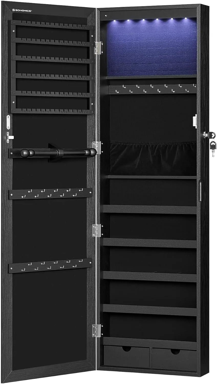 SONGMICS 6 LEDs Mirror Jewelry Cabinet, 47.2-Inch Tall Lockable Wall or Door Mounted Jewelry Armoire Organizer with Mirror, 2 Drawers, 3.9 x 14.6 x 47.2 Inches, Black UJJC093B01
