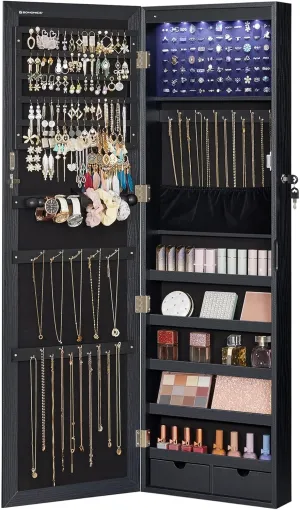 SONGMICS 6 LEDs Mirror Jewelry Cabinet, 47.2-Inch Tall Lockable Wall or Door Mounted Jewelry Armoire Organizer with Mirror, 2 Drawers, 3.9 x 14.6 x 47.2 Inches, Black UJJC093B01
