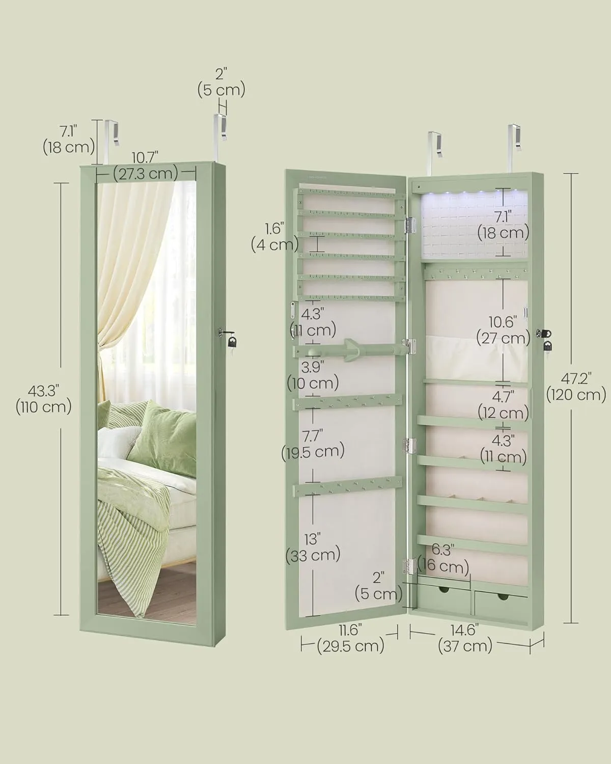 SONGMICS 6 LEDs Mirror Jewelry Cabinet, 47.2-Inch Tall Lockable Wall or Door Mounted Jewelry Armoire Organizer with Mirror, 2 Drawers, 3.9 x 14.6 x 47.2 Inches, Laurel Green UJJC093C01