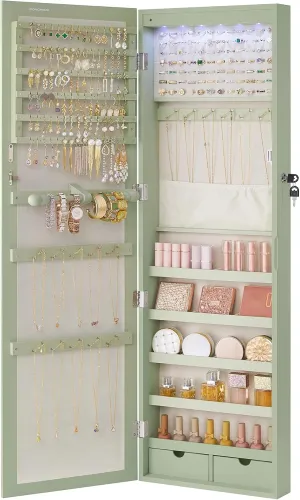 SONGMICS 6 LEDs Mirror Jewelry Cabinet, 47.2-Inch Tall Lockable Wall or Door Mounted Jewelry Armoire Organizer with Mirror, 2 Drawers, 3.9 x 14.6 x 47.2 Inches, Laurel Green UJJC093C01