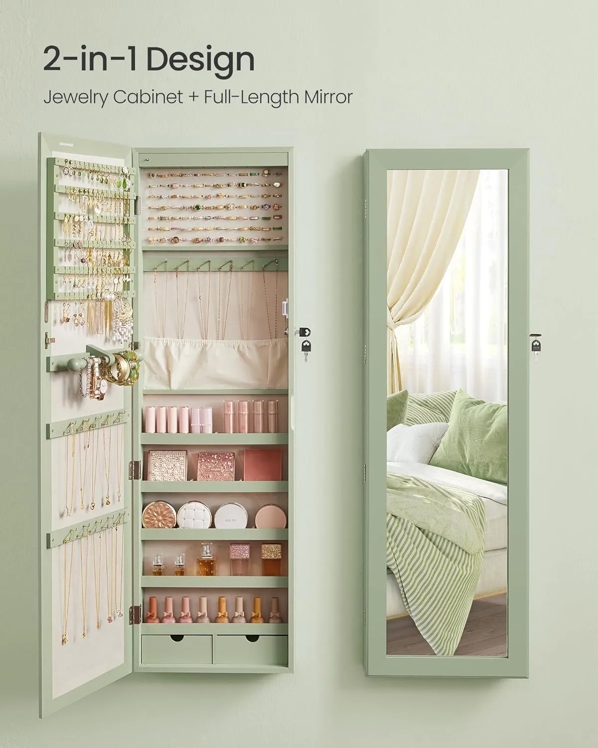 SONGMICS 6 LEDs Mirror Jewelry Cabinet, 47.2-Inch Tall Lockable Wall or Door Mounted Jewelry Armoire Organizer with Mirror, 2 Drawers, 3.9 x 14.6 x 47.2 Inches, Laurel Green UJJC093C01