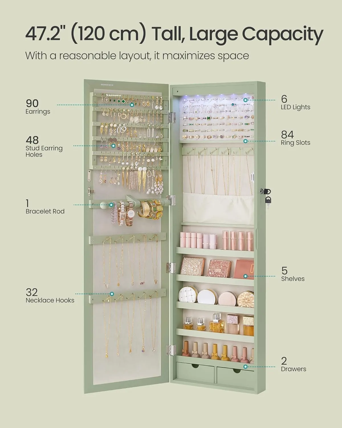 SONGMICS 6 LEDs Mirror Jewelry Cabinet, 47.2-Inch Tall Lockable Wall or Door Mounted Jewelry Armoire Organizer with Mirror, 2 Drawers, 3.9 x 14.6 x 47.2 Inches, Laurel Green UJJC093C01
