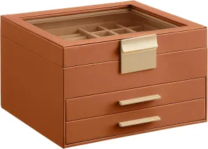 SONGMICS Jewelry Box Organizer with Glass Lid, 3-Layer Jewelry Storage, with 2 Drawers, Modern Style, Gift for Mom, 8 x 9.1 x 5.3 Inches, Caramel Brown and Gold Color UJBC239K01