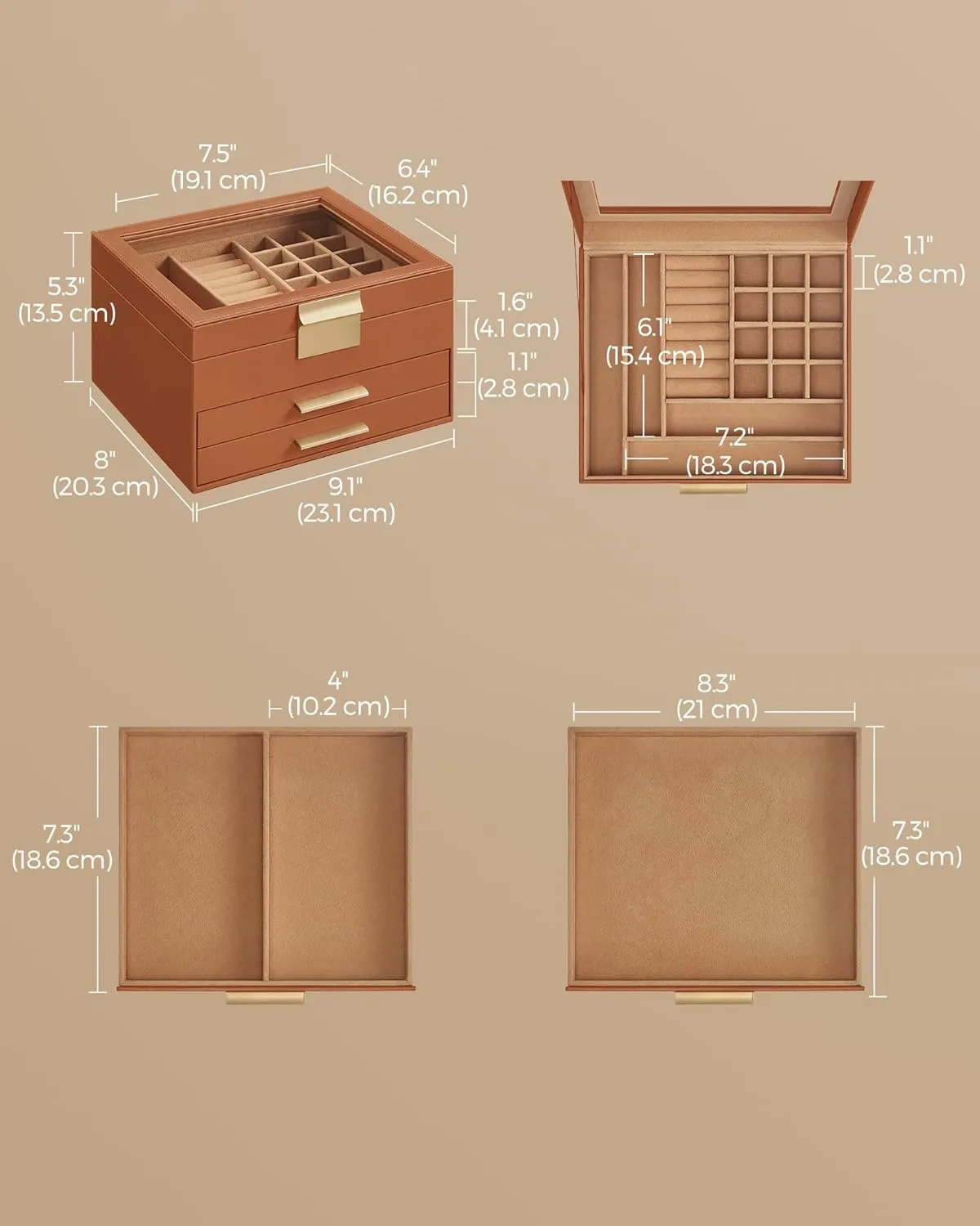 SONGMICS Jewelry Box Organizer with Glass Lid, 3-Layer Jewelry Storage, with 2 Drawers, Modern Style, Gift for Mom, 8 x 9.1 x 5.3 Inches, Caramel Brown and Gold Color UJBC239K01