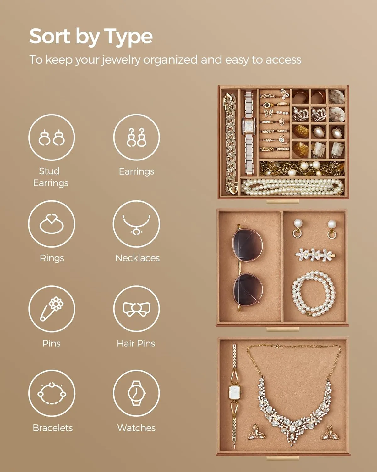 SONGMICS Jewelry Box Organizer with Glass Lid, 3-Layer Jewelry Storage, with 2 Drawers, Modern Style, Gift for Mom, 8 x 9.1 x 5.3 Inches, Caramel Brown and Gold Color UJBC239K01