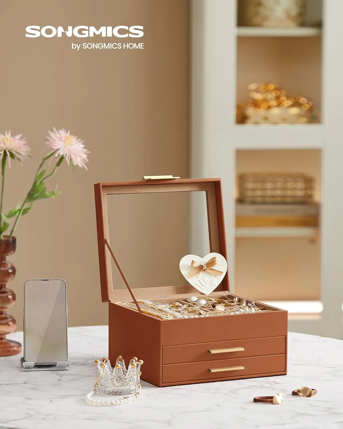 SONGMICS Jewelry Box Organizer with Glass Lid, 3-Layer Jewelry Storage, with 2 Drawers, Modern Style, Gift for Mom, 8 x 9.1 x 5.3 Inches, Caramel Brown and Gold Color UJBC239K01