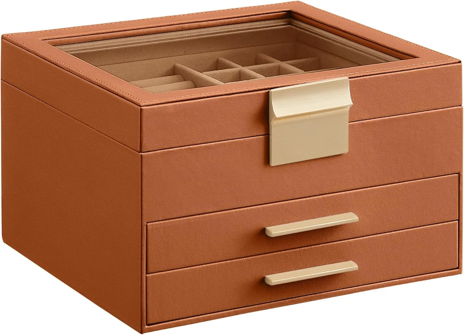 SONGMICS Jewelry Box Organizer with Glass Lid, 3-Layer Jewelry Storage, with 2 Drawers, Modern Style, Gift for Mom, 8 x 9.1 x 5.3 Inches, Caramel Brown and Gold Color UJBC239K01