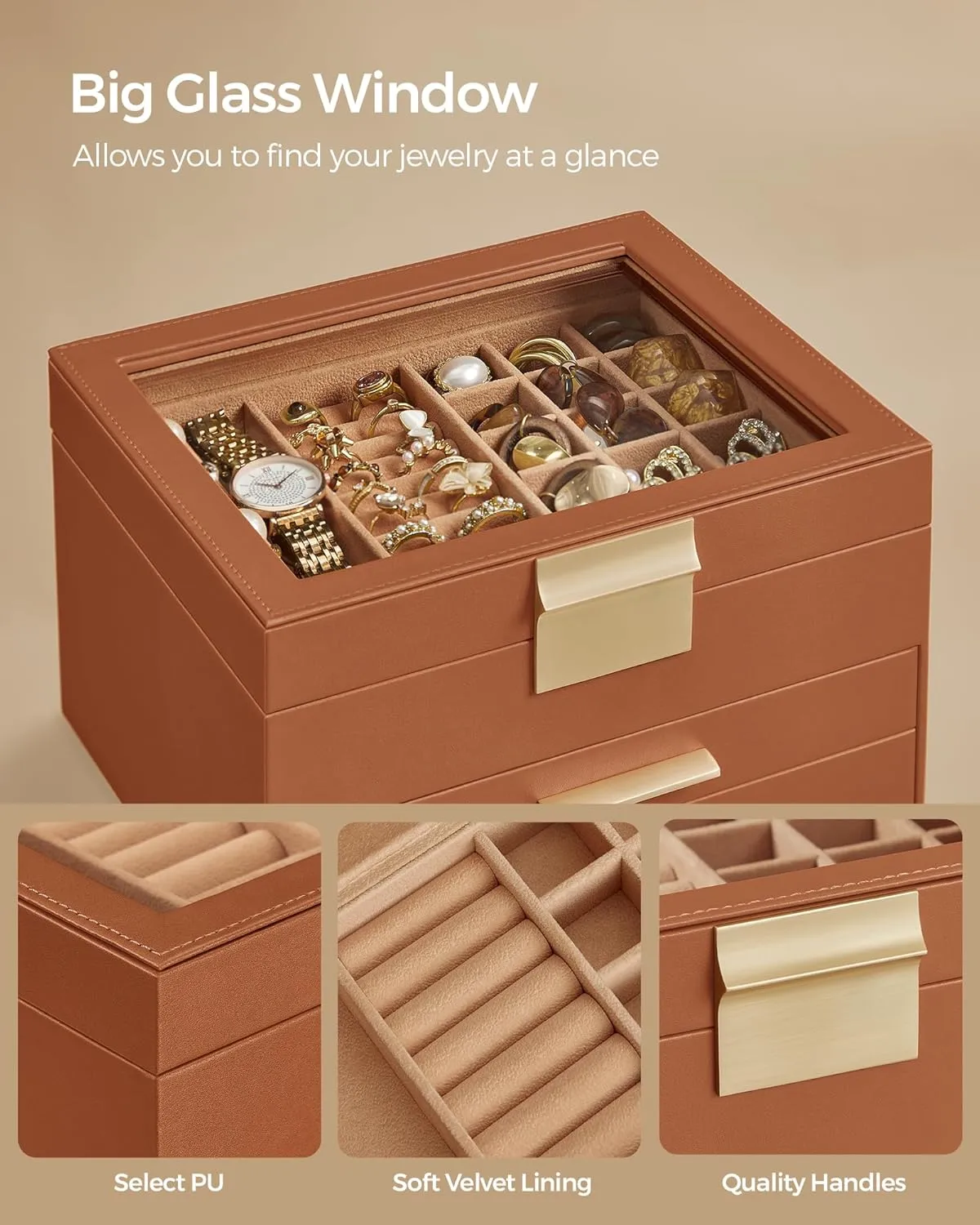 SONGMICS Jewelry Box Organizer with Glass Lid, 3-Layer Jewelry Storage, with 2 Drawers, Modern Style, Gift for Mom, 8 x 9.1 x 5.3 Inches, Caramel Brown and Gold Color UJBC239K01