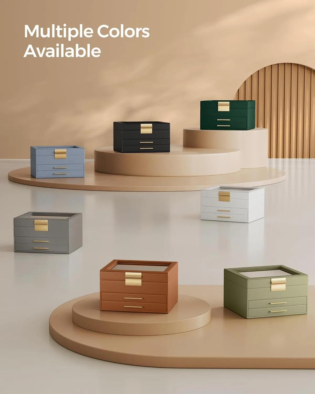 SONGMICS Jewelry Box Organizer with Glass Lid, 3-Layer Jewelry Storage, with 2 Drawers, Modern Style, Gift for Mom, 8 x 9.1 x 5.3 Inches, Caramel Brown and Gold Color UJBC239K01
