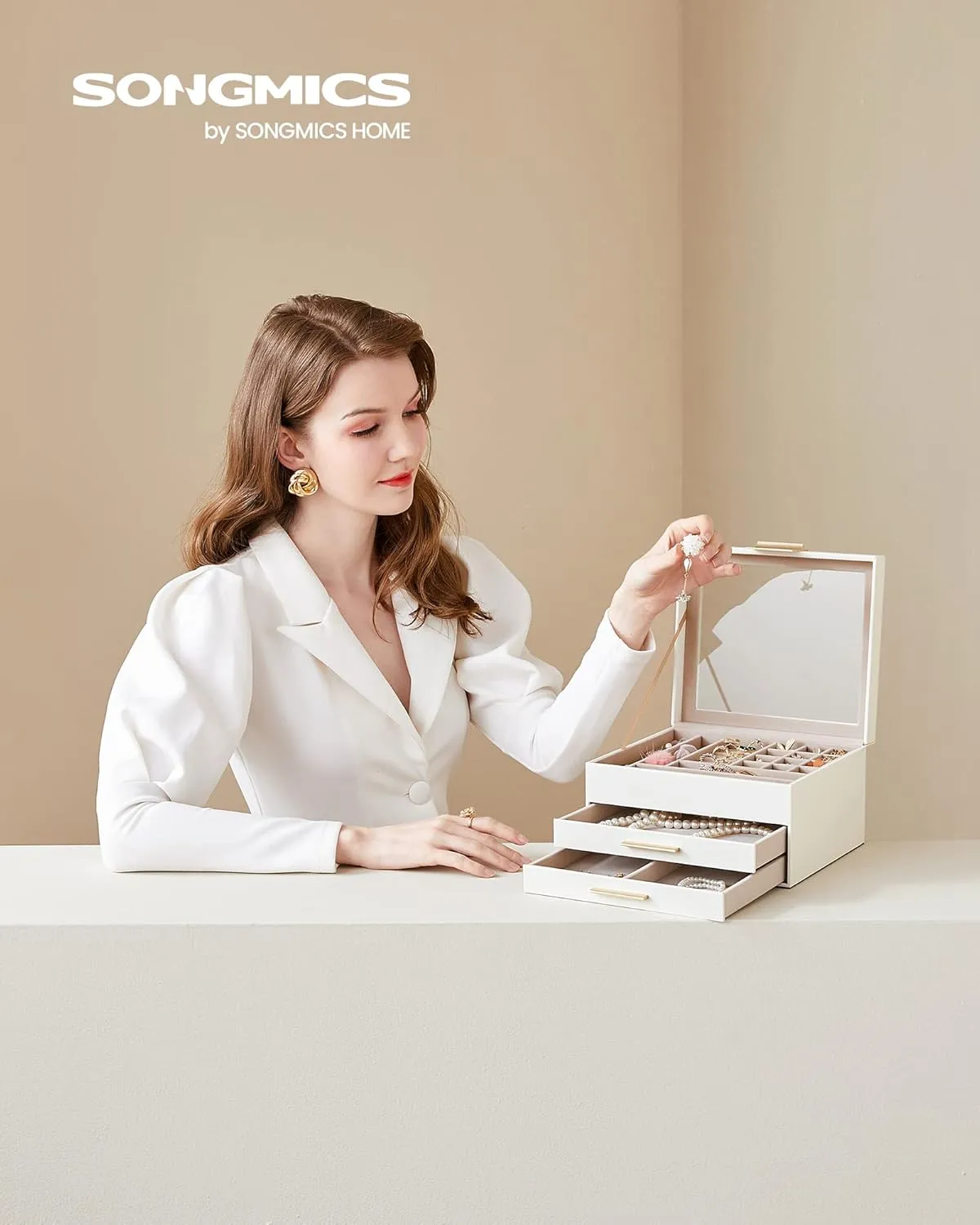 SONGMICS Jewelry Box Organizer with Glass Lid, 3-Layer Jewelry Storage, with 2 Drawers, Modern Style, Gift for Mom, 8 x 9.1 x 5.3 Inches, Cloud White and Gold Color UJBC239WT