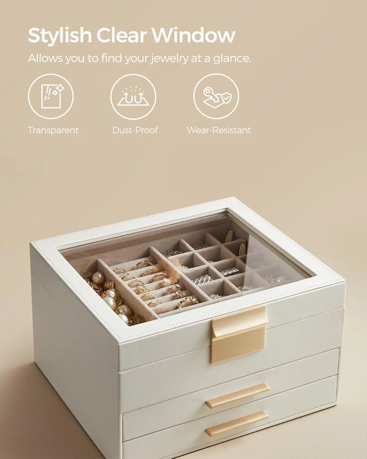 SONGMICS Jewelry Box Organizer with Glass Lid, 3-Layer Jewelry Storage, with 2 Drawers, Modern Style, Gift for Mom, 8 x 9.1 x 5.3 Inches, Cloud White and Gold Color UJBC239WT