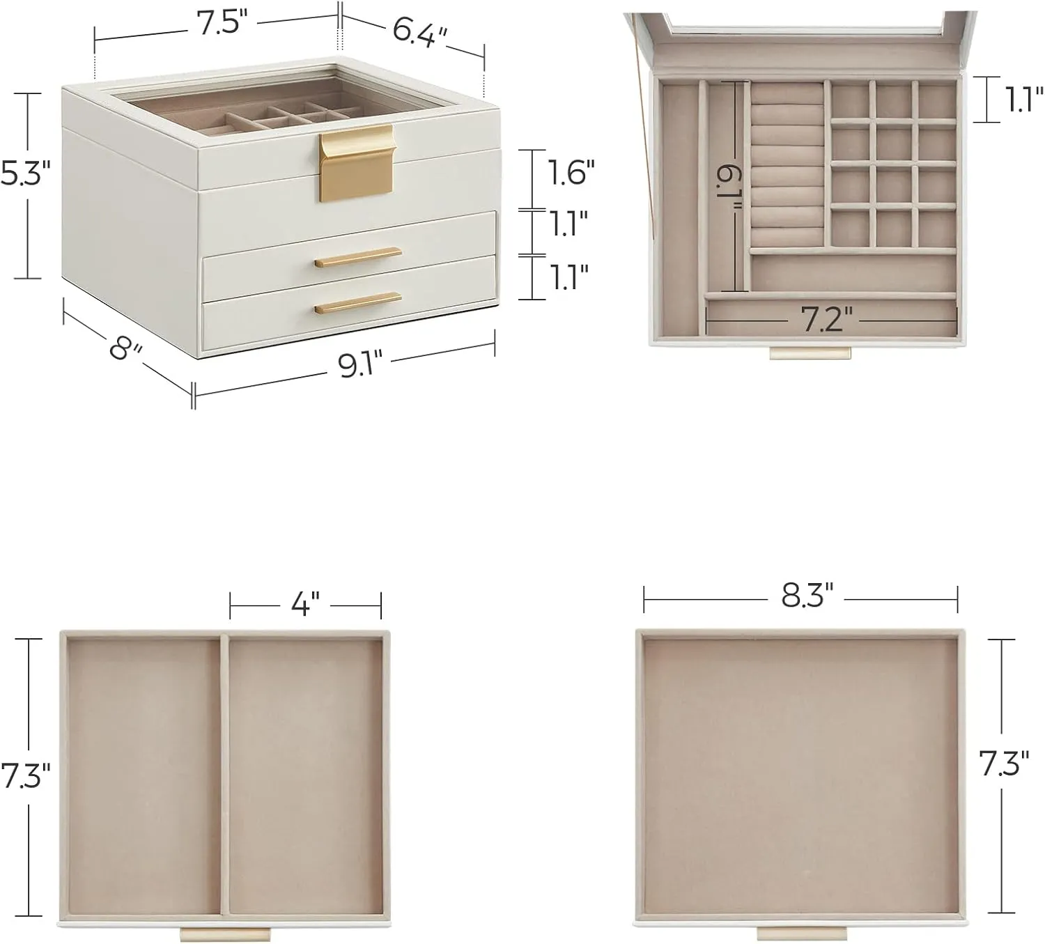 SONGMICS Jewelry Box Organizer with Glass Lid, 3-Layer Jewelry Storage, with 2 Drawers, Modern Style, Gift for Mom, 8 x 9.1 x 5.3 Inches, Cloud White and Gold Color UJBC239WT
