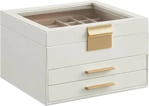 SONGMICS Jewelry Box Organizer with Glass Lid, 3-Layer Jewelry Storage, with 2 Drawers, Modern Style, Gift for Mom, 8 x 9.1 x 5.3 Inches, Cloud White and Gold Color UJBC239WT