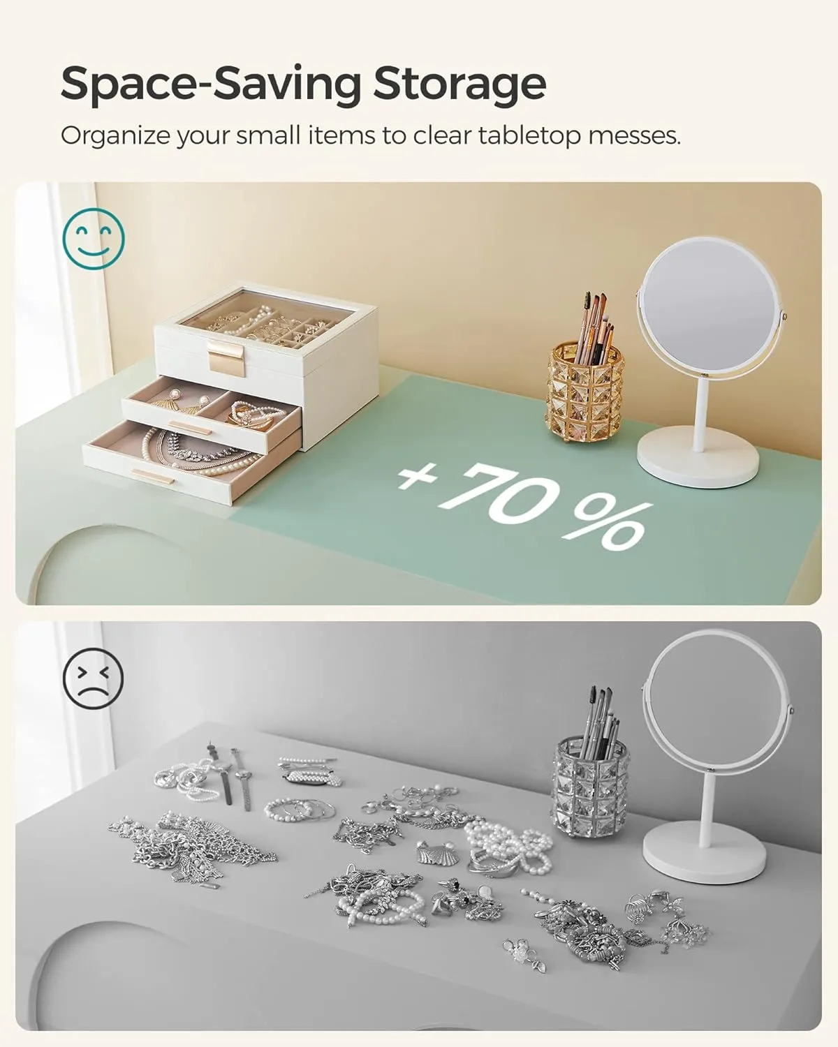 SONGMICS Jewelry Box Organizer with Glass Lid, 3-Layer Jewelry Storage, with 2 Drawers, Modern Style, Gift for Mom, 8 x 9.1 x 5.3 Inches, Cloud White and Gold Color UJBC239WT