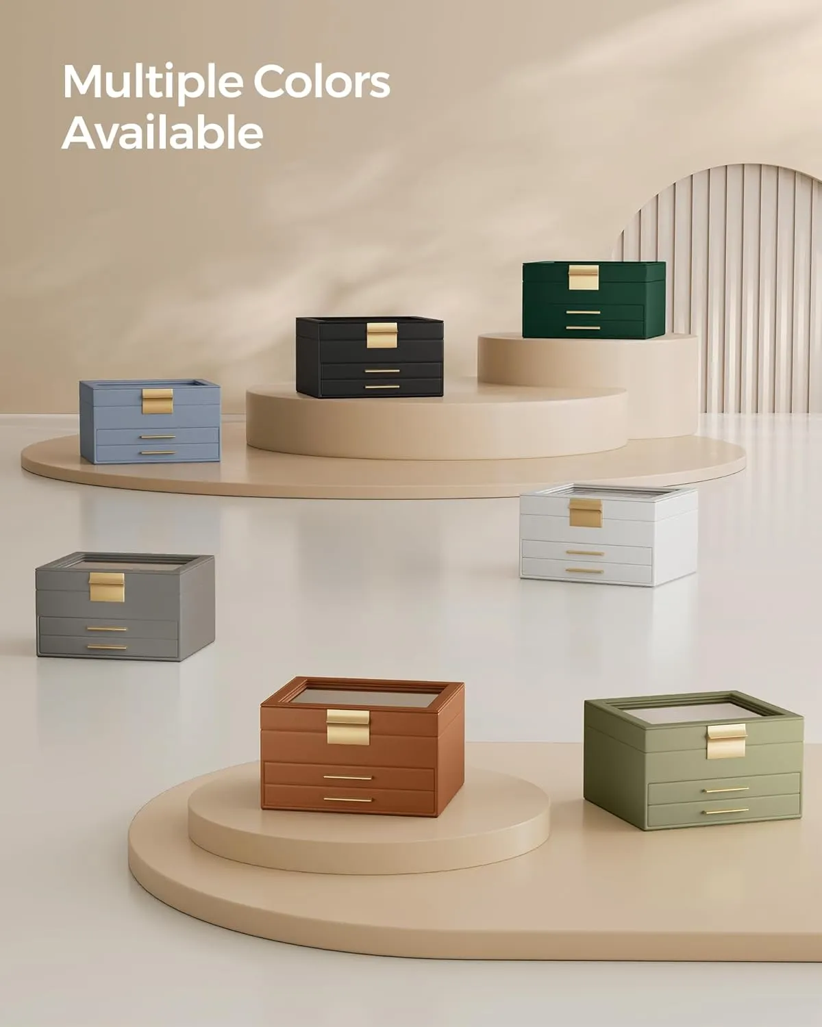 SONGMICS Jewelry Box Organizer with Glass Lid, 3-Layer Jewelry Storage, with 2 Drawers, Modern Style, Gift for Mom, 8 x 9.1 x 5.3 Inches, Cloud White and Gold Color UJBC239WT