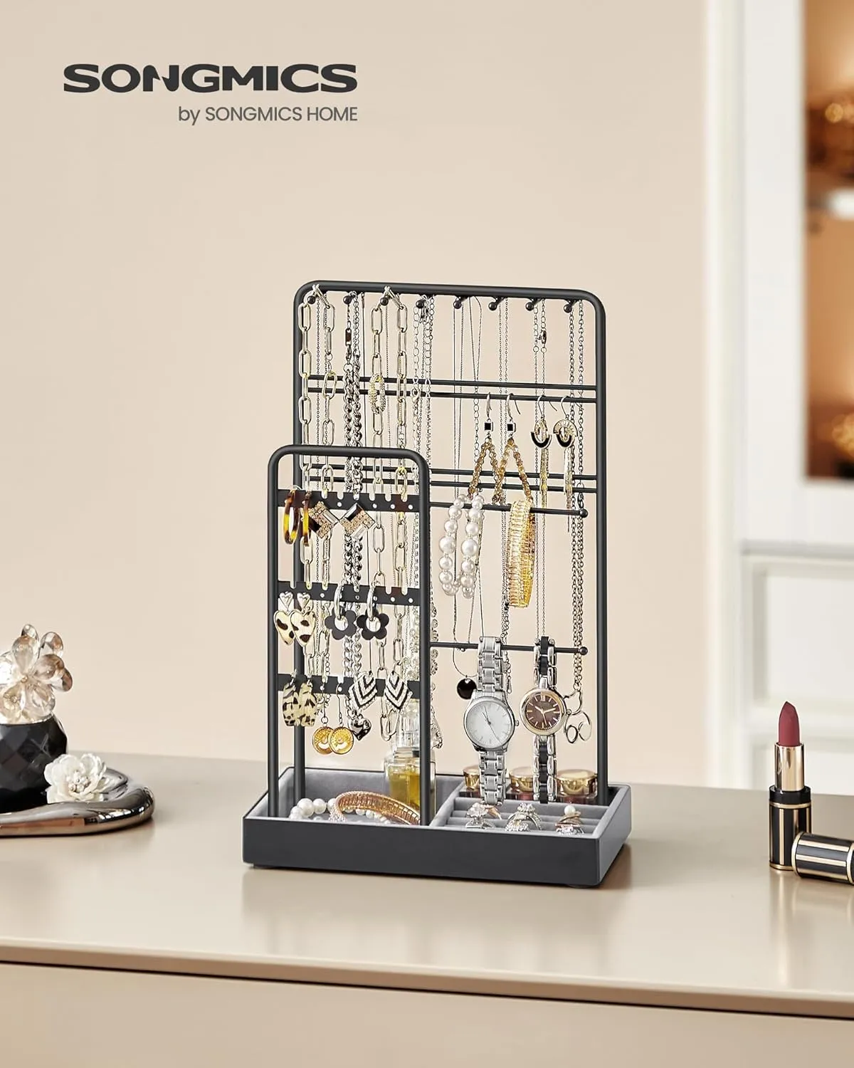 SONGMICS Jewelry Holder, Jewelry Organizer, Jewelry Display Stand with Metal Frame, Velvet Tray, Necklace Earring Bracelet Holder, for Studs, Rings, Gift Idea, Ink Black UJJS021B01