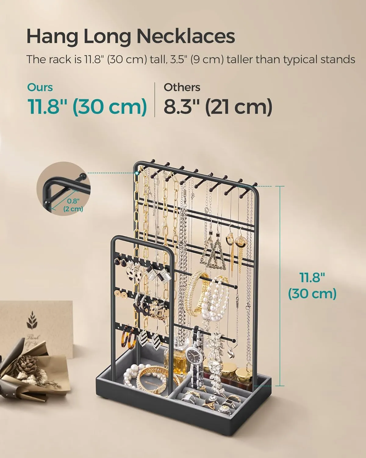 SONGMICS Jewelry Holder, Jewelry Organizer, Jewelry Display Stand with Metal Frame, Velvet Tray, Necklace Earring Bracelet Holder, for Studs, Rings, Gift Idea, Ink Black UJJS021B01