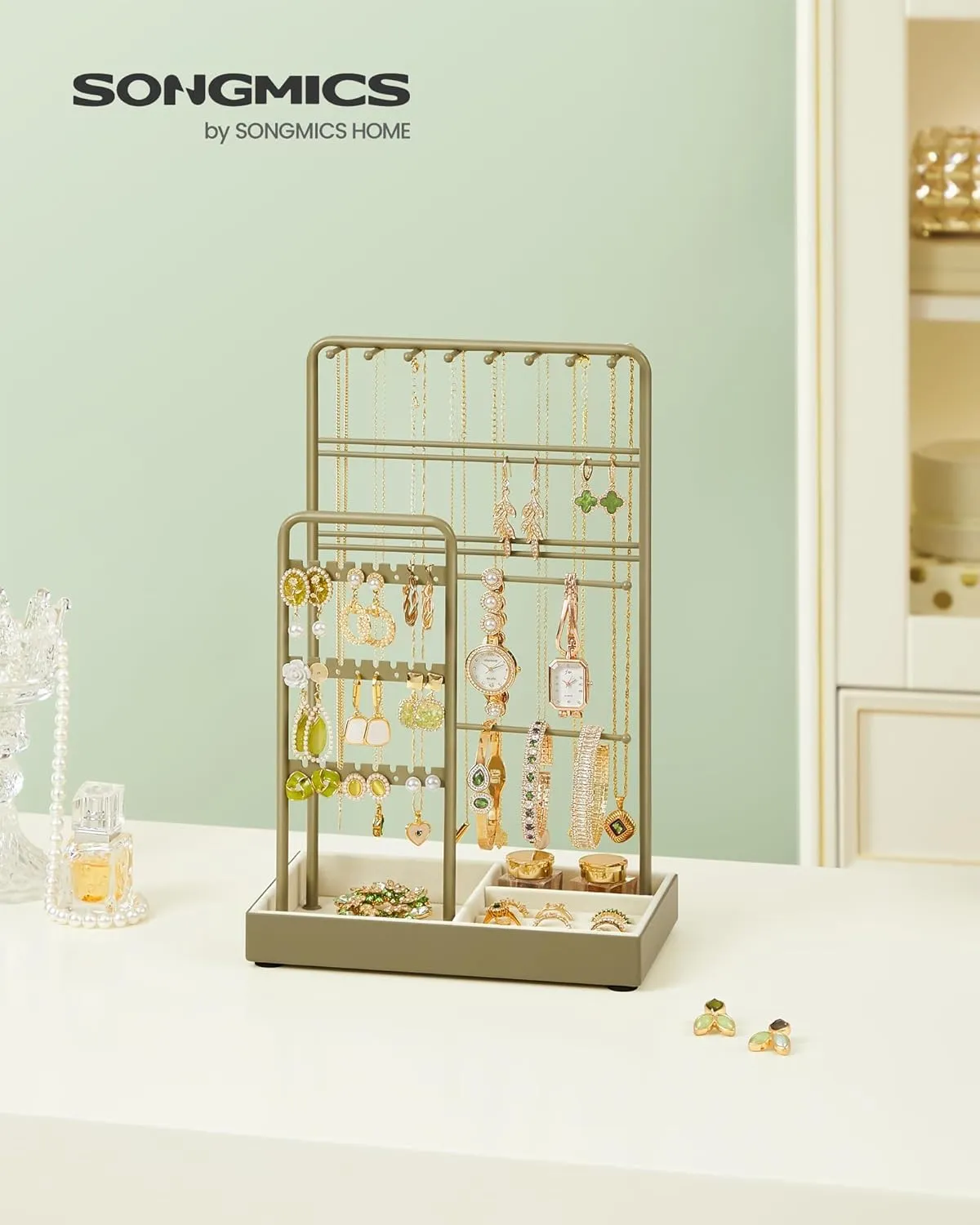 SONGMICS Jewelry Holder, Jewelry Organizer, Jewelry Display Stand with Metal Frame, Velvet Tray, Necklace Earring Bracelet Holder, for Studs, Rings, Gift Idea, Laurel Green UJJS021C02