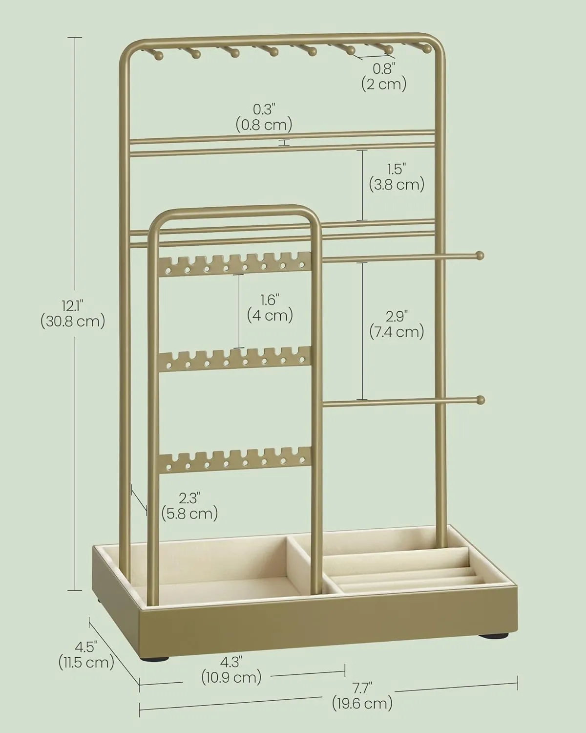 SONGMICS Jewelry Holder, Jewelry Organizer, Jewelry Display Stand with Metal Frame, Velvet Tray, Necklace Earring Bracelet Holder, for Studs, Rings, Gift Idea, Laurel Green UJJS021C02
