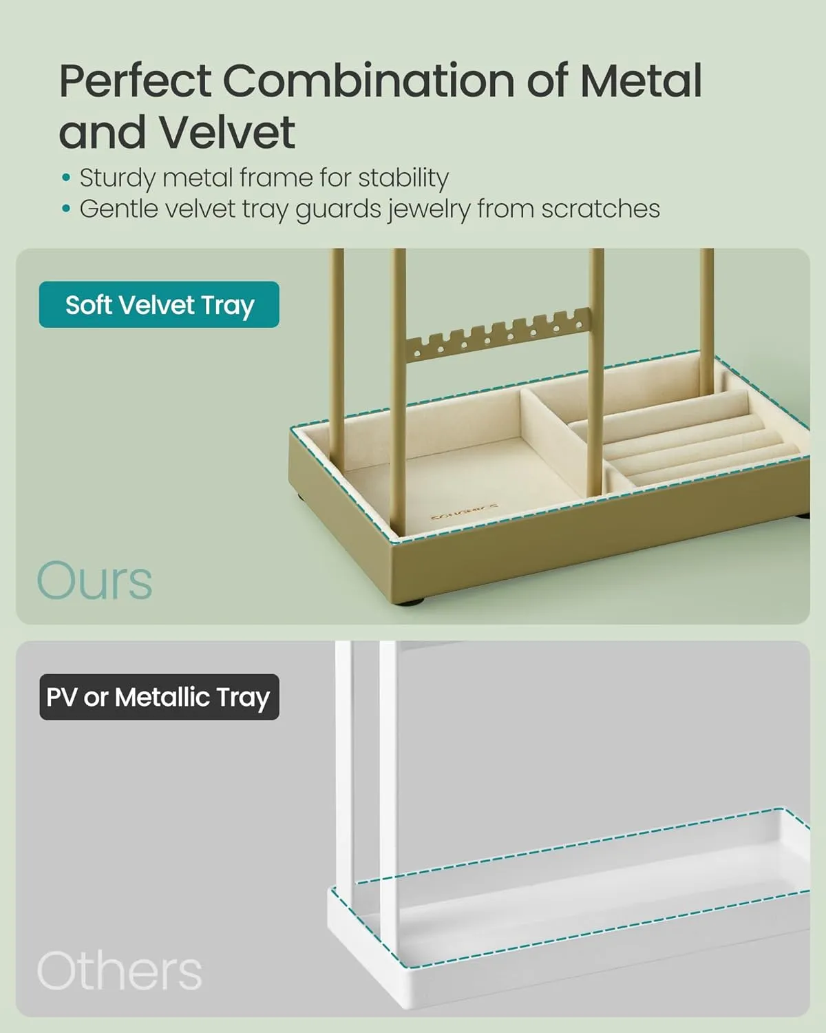 SONGMICS Jewelry Holder, Jewelry Organizer, Jewelry Display Stand with Metal Frame, Velvet Tray, Necklace Earring Bracelet Holder, for Studs, Rings, Gift Idea, Laurel Green UJJS021C02