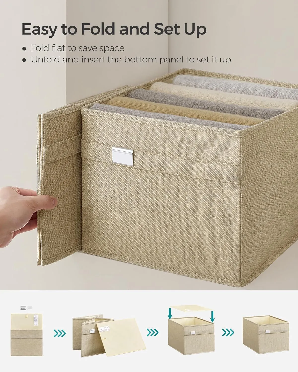 SONGMICS Storage Baskets, Set of 4 Extra Large Storage Bins for Organizing, 30L, 15.7 x 11.8 x 9.8 Inches, Fabric Storage Cubes for Shelves, Easy to Clean, Foldable, 2 Handles, Sand Beige UROB240Y04