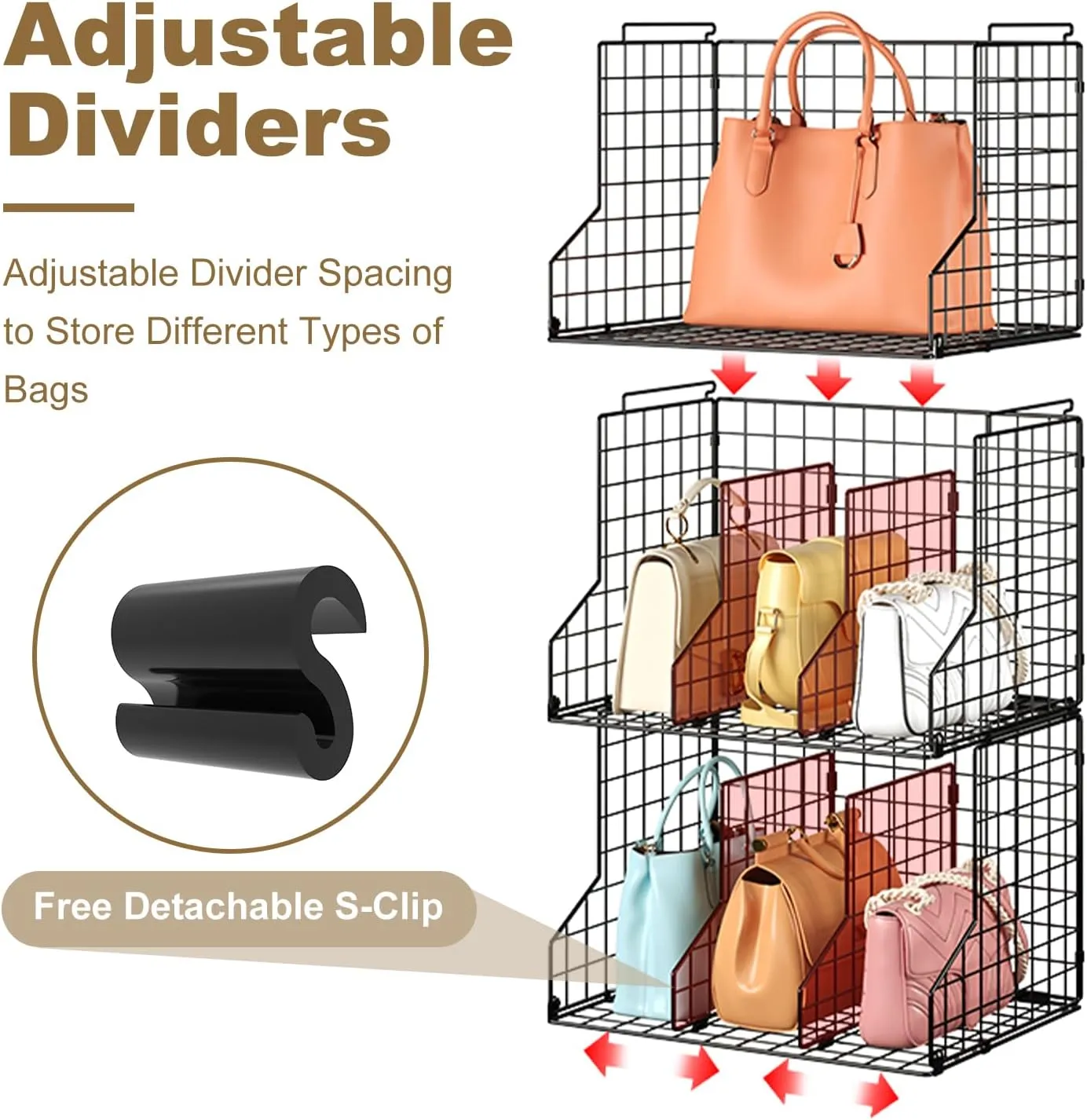 Sonyabecca Purse Storage Organizer for Closet : Adjustable 3-Pack Dividers Handbag Organizer - Stackable Wire Handbags Storage Baskets -Open Cabinets Wallets Tote Chain Bags Clutches