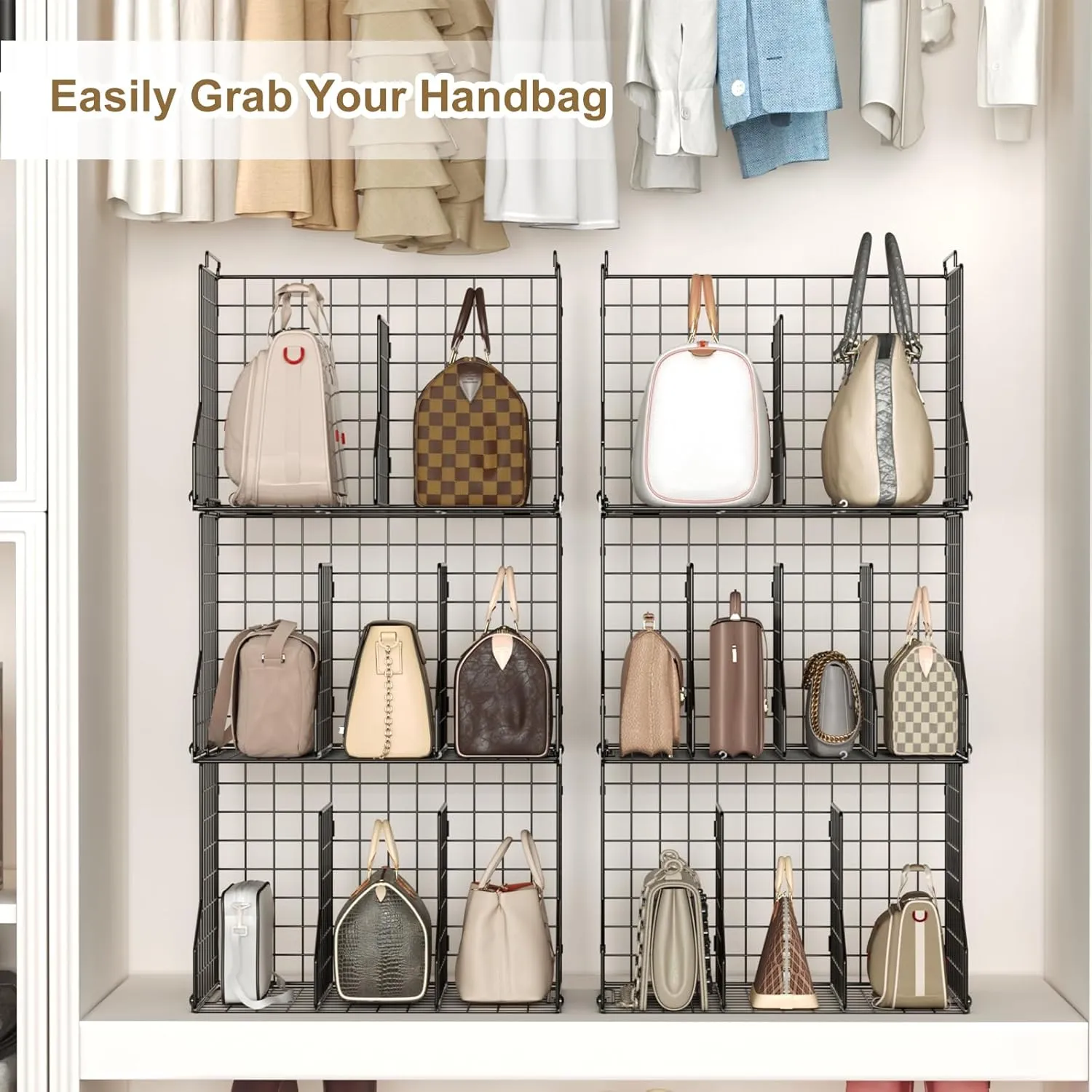 Sonyabecca Purse Storage Organizer for Closet : Adjustable 3-Pack Dividers Handbag Organizer - Stackable Wire Handbags Storage Baskets -Open Cabinets Wallets Tote Chain Bags Clutches